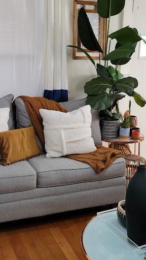 cozy sofa with earth tone pillows and plants