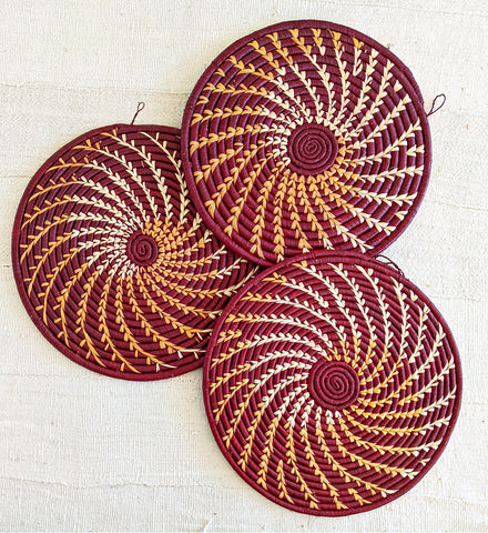 round woven burgundy red placemats boho