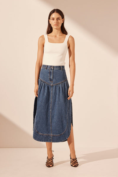 Emily Panelled Fit & Flare Midi Skirt | Indigo | Skirts | Shona