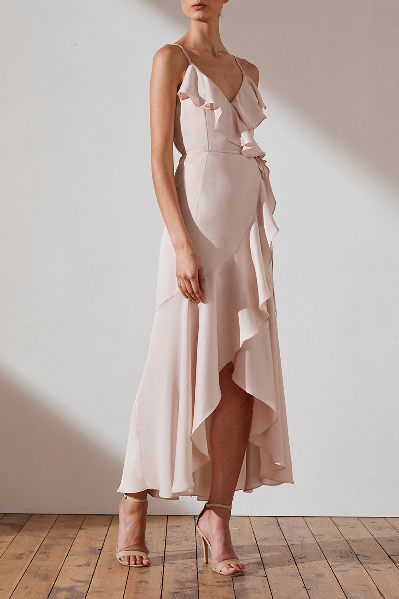 shona joy bias frill wrap dress