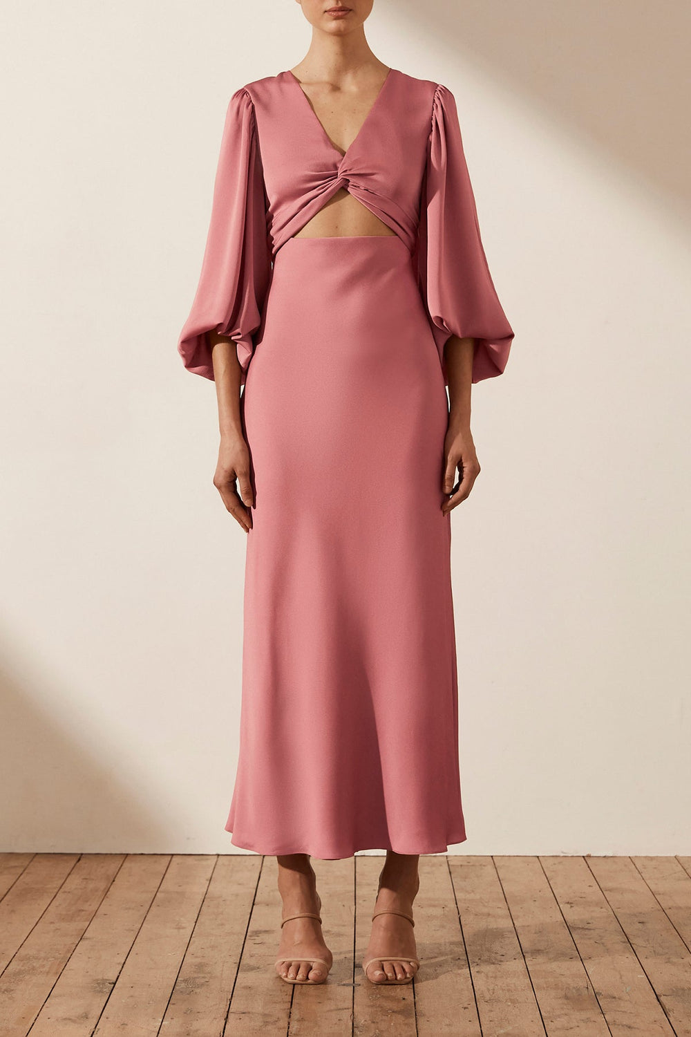 LUXE TWIST FRONT BALLOON SLEEVE MIDI DRESS - ROSE