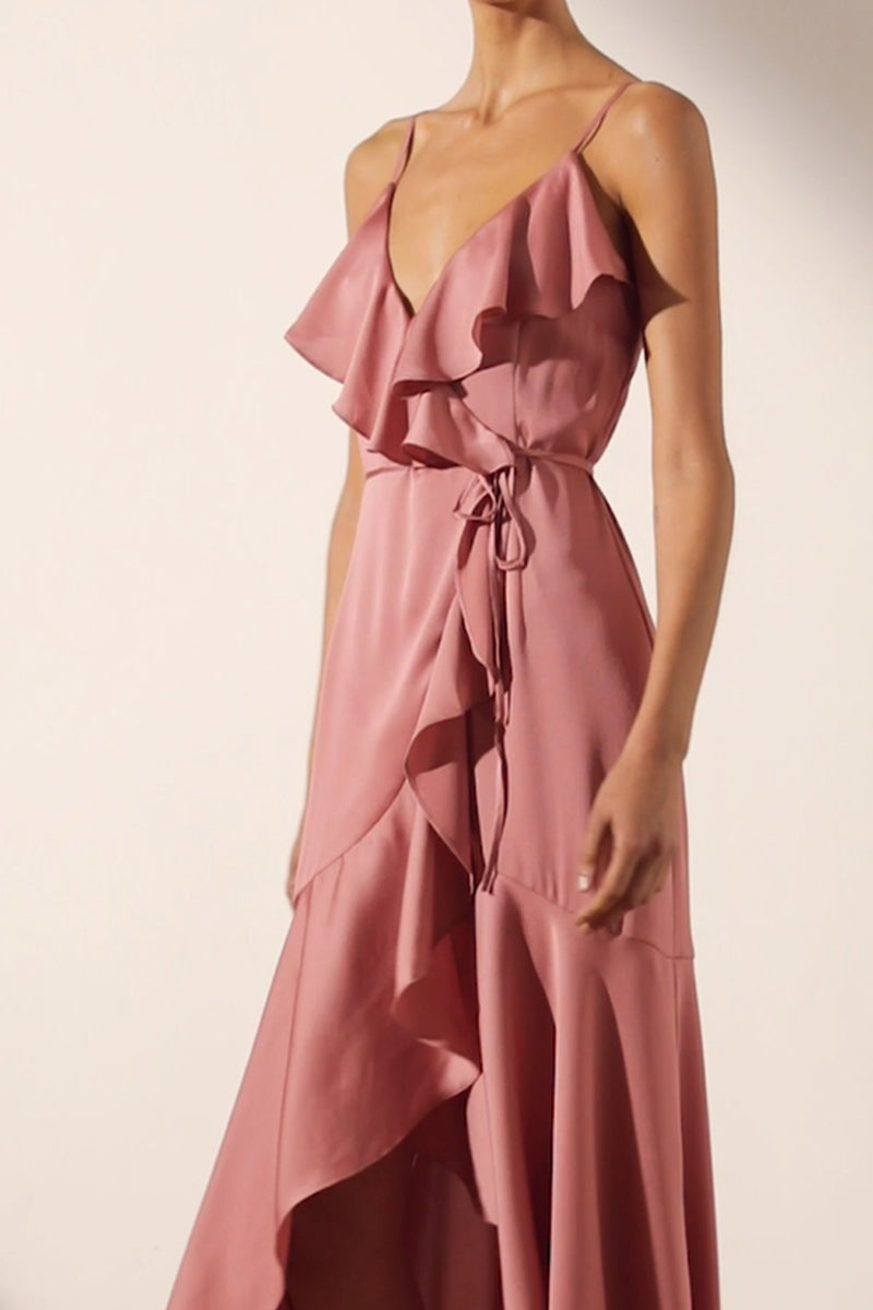 luxe bias frill wrap dress