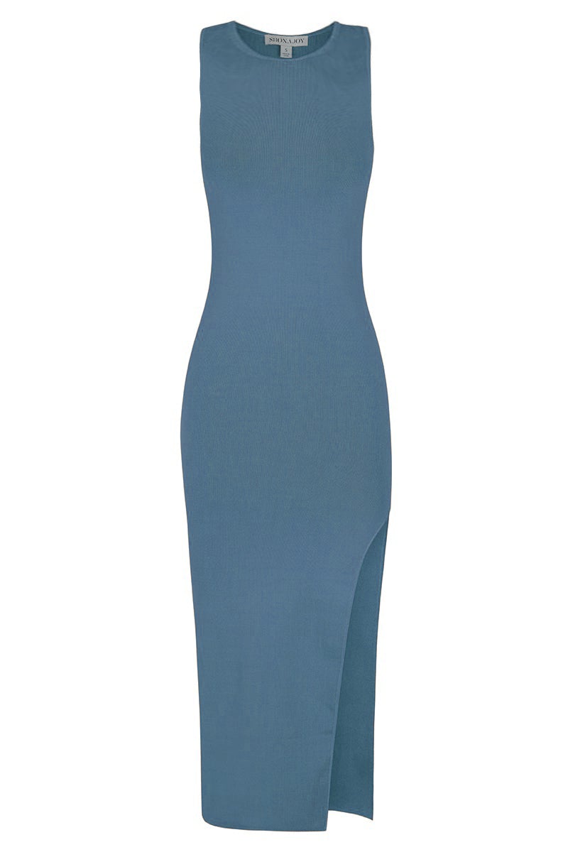 Image of BASIC SLEEVELESS BACKLESS MIDI DRESS - BLUE SMOKE