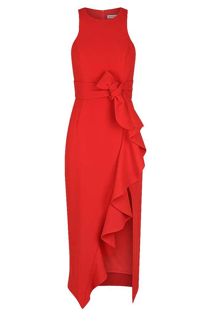 celeste ruffle front fitted midi dress