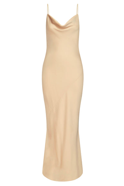 champagne cowl neck maxi dress