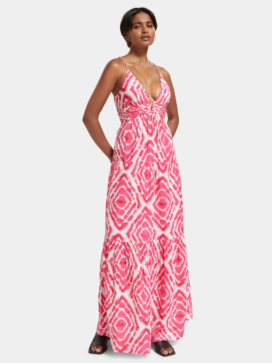 V-neck tie-dyed maxi strap dress - Disco tie dye pop pink S