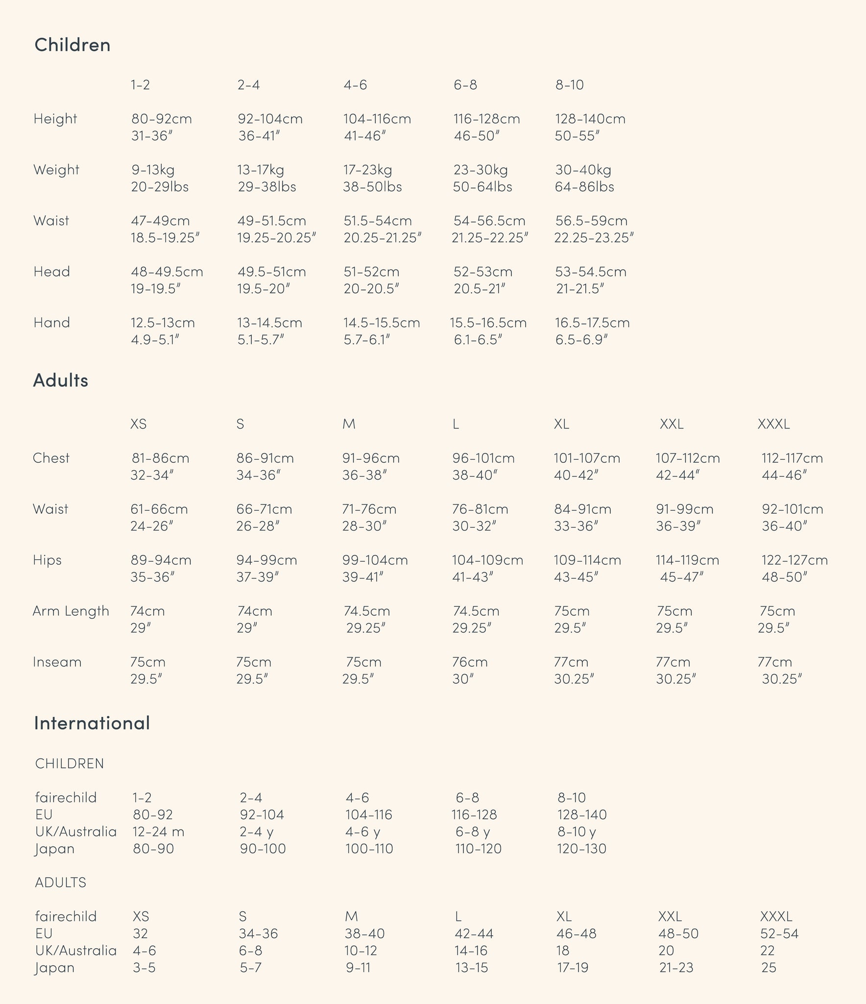 fairechild sizing guide