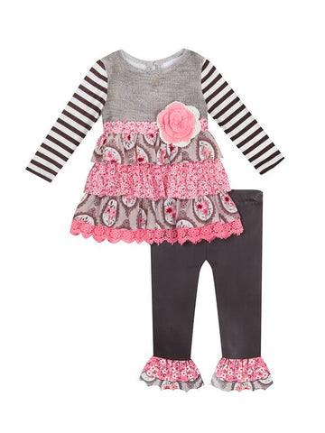 Coral Stripe Flower Applique Top and Floral Leggings