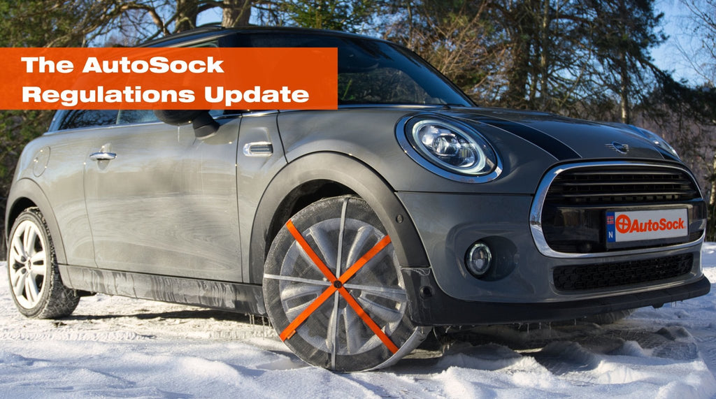 AutoSock regulations update for the season 2022 to 2023: banner image showing snow socks mounted on front wheels