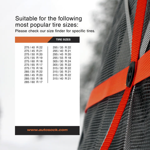Tire Dimension Sheet for AutoSock HP860 showing the most popular tire sizes matching the product