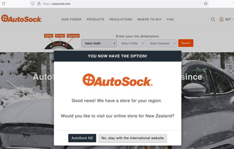 Country Pop-Up Redirect to autosock.nz - New online store for New Zealand