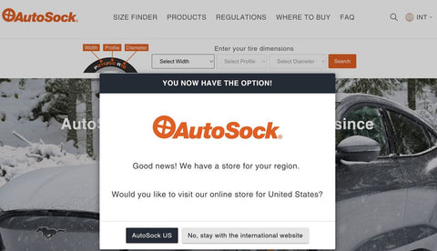 Country Redirect Pop-Up linking directly from international website autosock.com to US website autosock.us