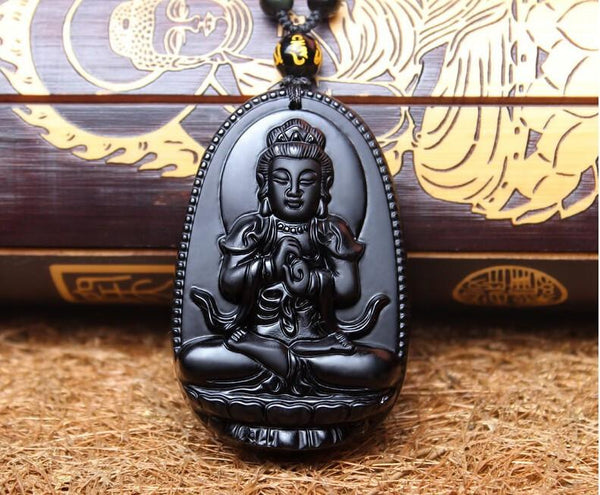 Pendentifs, Collier - Collier Et Pendentif En Obsidienne Noire Naturelle Avec Bouddha Sculpté 48*32mm