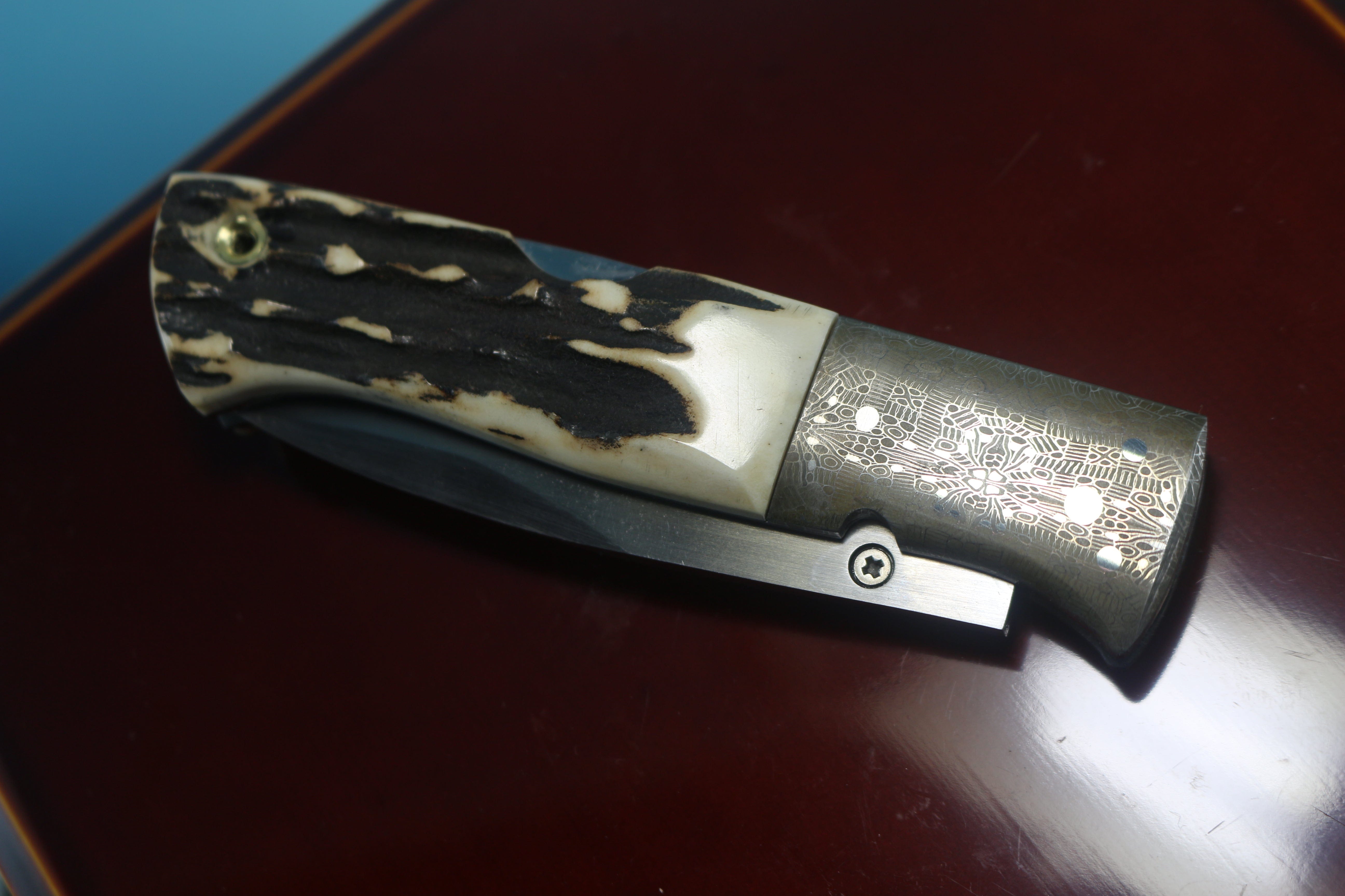 Fumio Inagaki FI-740 Blackjack MAMBA Folder replica, Stag Handle with Damascus Mokume-Gane  Bolster - Image 7