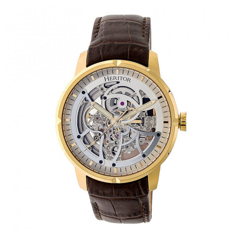 Heritor Automatic Ryder Skeleton Leather-Band Watch - Brown/Gold HERHR4605