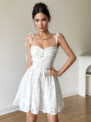Bow Tie Shoulder Straps White Eyelet Mini Dress - Ncocon