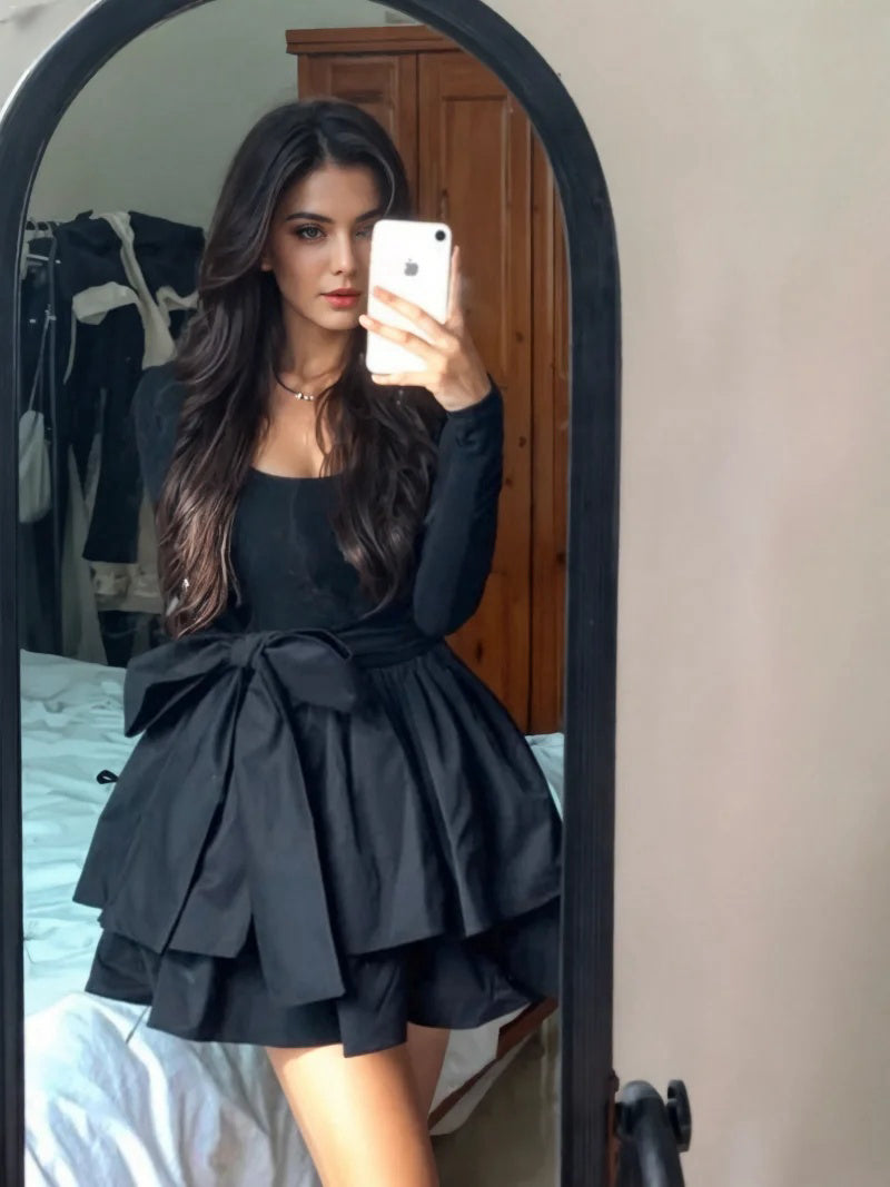 Statement Bow Playful Tiered Skirt Black Dress