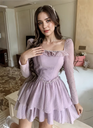 Beaded Sheer Long Sleeves Lavender Dress - Ncocon