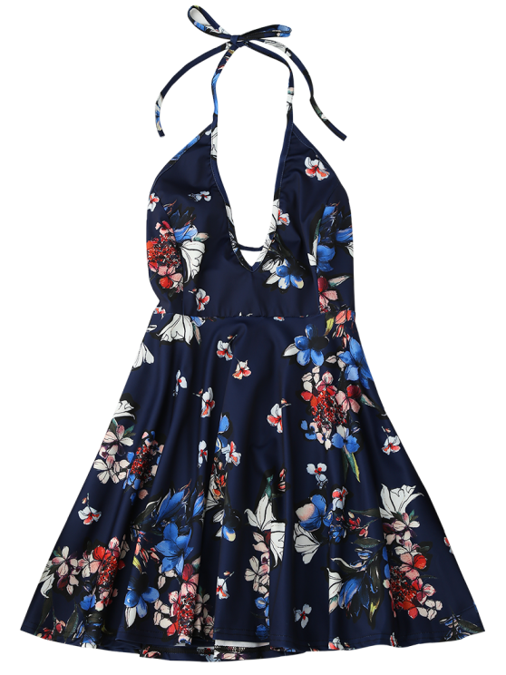 Fun Halter Plunge Backless Floral Dress – Ncocon