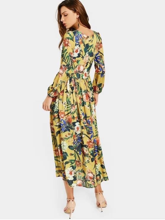 Cute Round Collar Floral Print Long Sleeve Dress – Ncocon