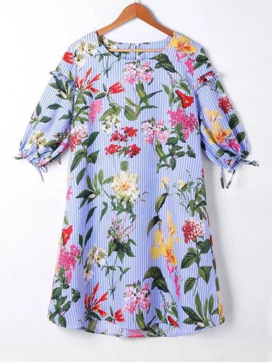 Pretty Striped Floral Lantern Sleeve Shift Dress – Ncocon