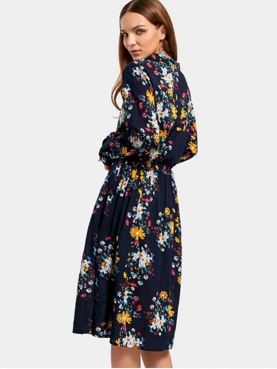 Beautiful Drawstring Waist Long Sleeve Flower Dress – Ncocon