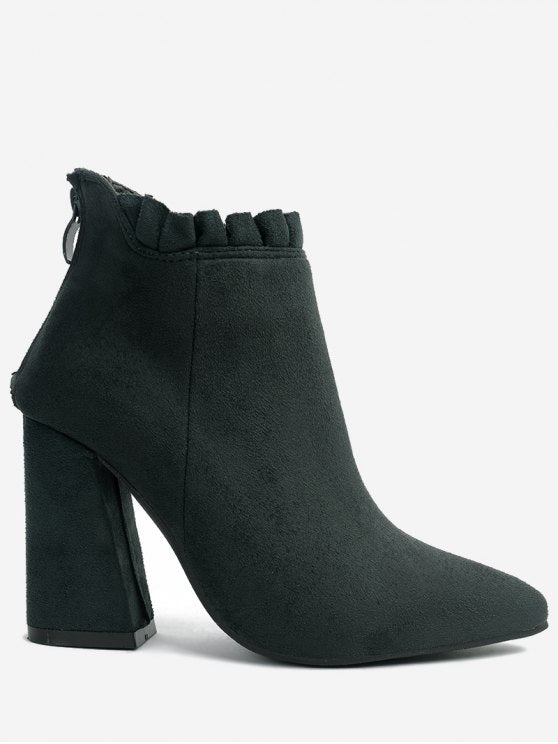 Trendy Pointed Toe Ruffles Chunky Heel Boots – Ncocon