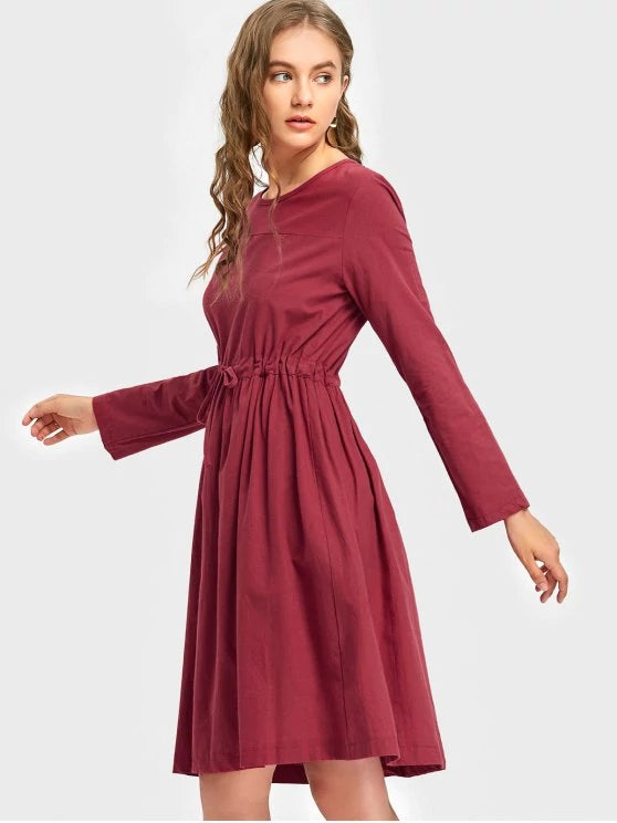 Stunning Long Sleeve Drawstring Waist A Line Dress – Ncocon