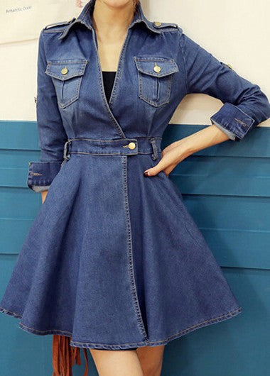 Stunning Waist Turndown Collar Blue Mini Dress – Ncocon