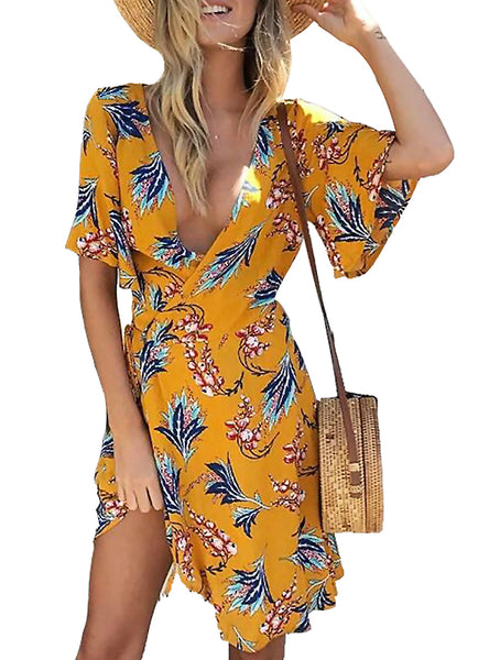 Yellow Print Wrap Dress Flare Short Sleeve Floral – Ncocon