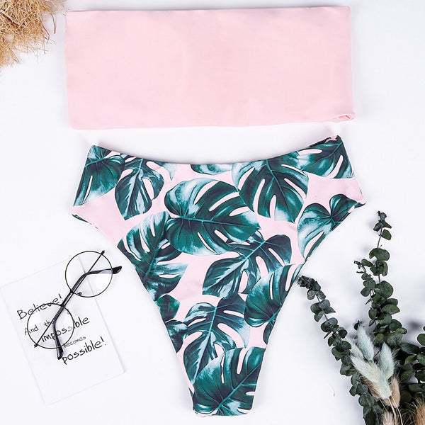 Swimwear Women Swimsuit High Waist Pink Leaves Print Bandage Bikini ...