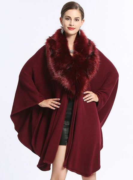 FOX LIKE FUR COLLAR LOOSE KNIT SHAWL CAPE LARGE SIZE – Ncocon