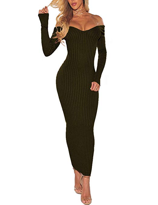 Long Sleeve Maxi Sweater Off Shoulder Knit Slim Fit Dress – Ncocon