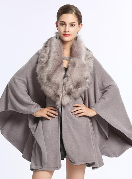 FOX LIKE FUR COLLAR LOOSE KNIT SHAWL CAPE LARGE SIZE – Ncocon