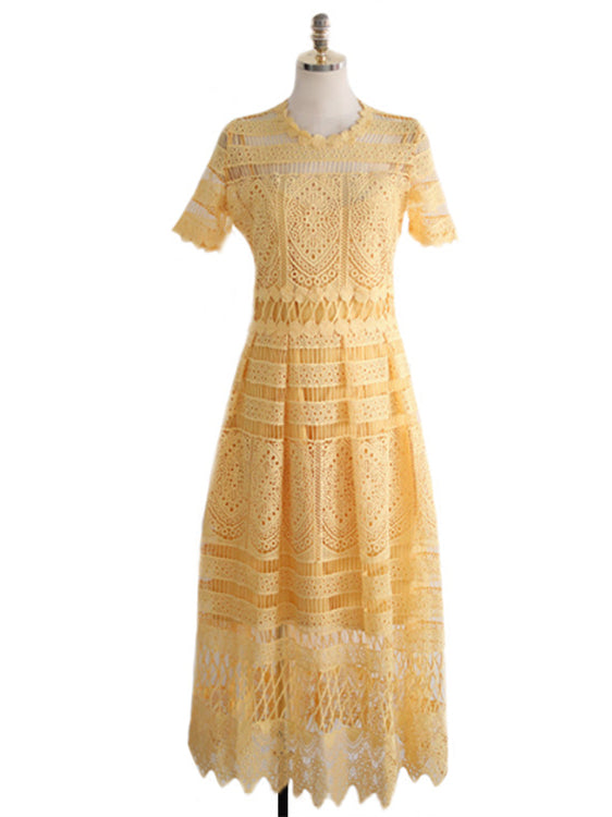 Yellow Lace Summer Style Short Sleeve Hollow Out Midi Vintage Dress ...
