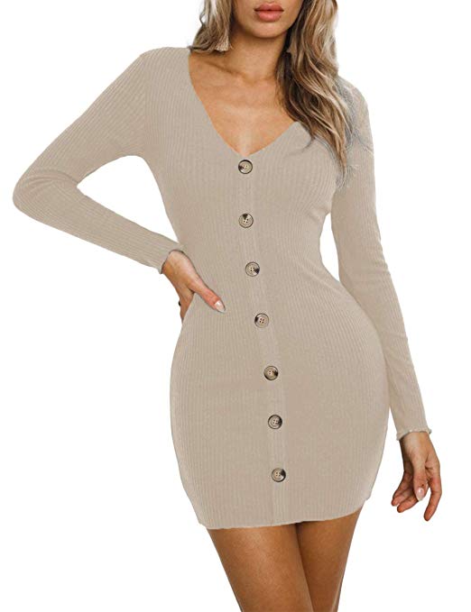 Women’s Ribbed Knit Button Down Sweater Dress V-Neck Long Sleeve Bodyc ...