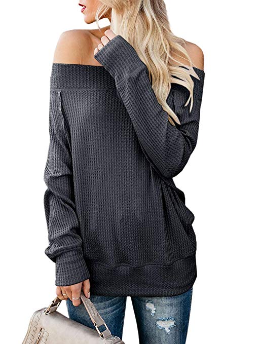 Womens Off Shoulder Sweaters Pullover Casual Oversized Waffle Knit Tun ...