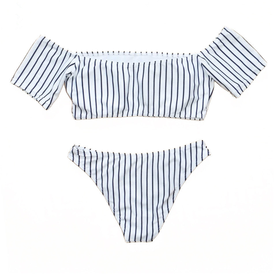 Off Shoulder Striped Short Sleeve Bikini Set – Ncocon