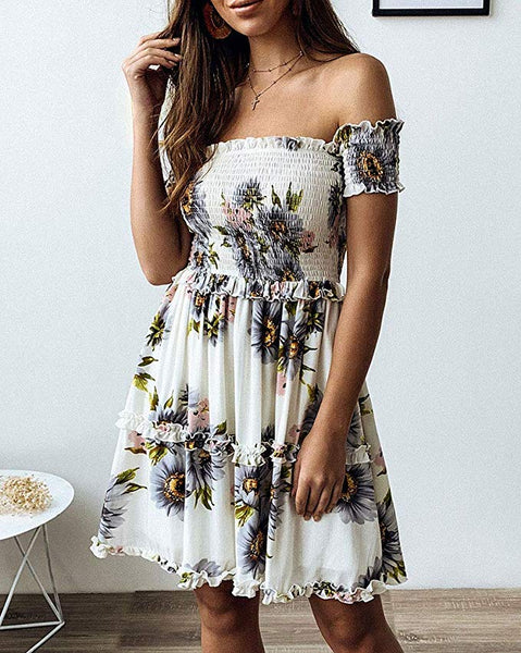 Women's Summer Sexy Strapless Floral Print Pleated Flounced Ruffled Dr ...