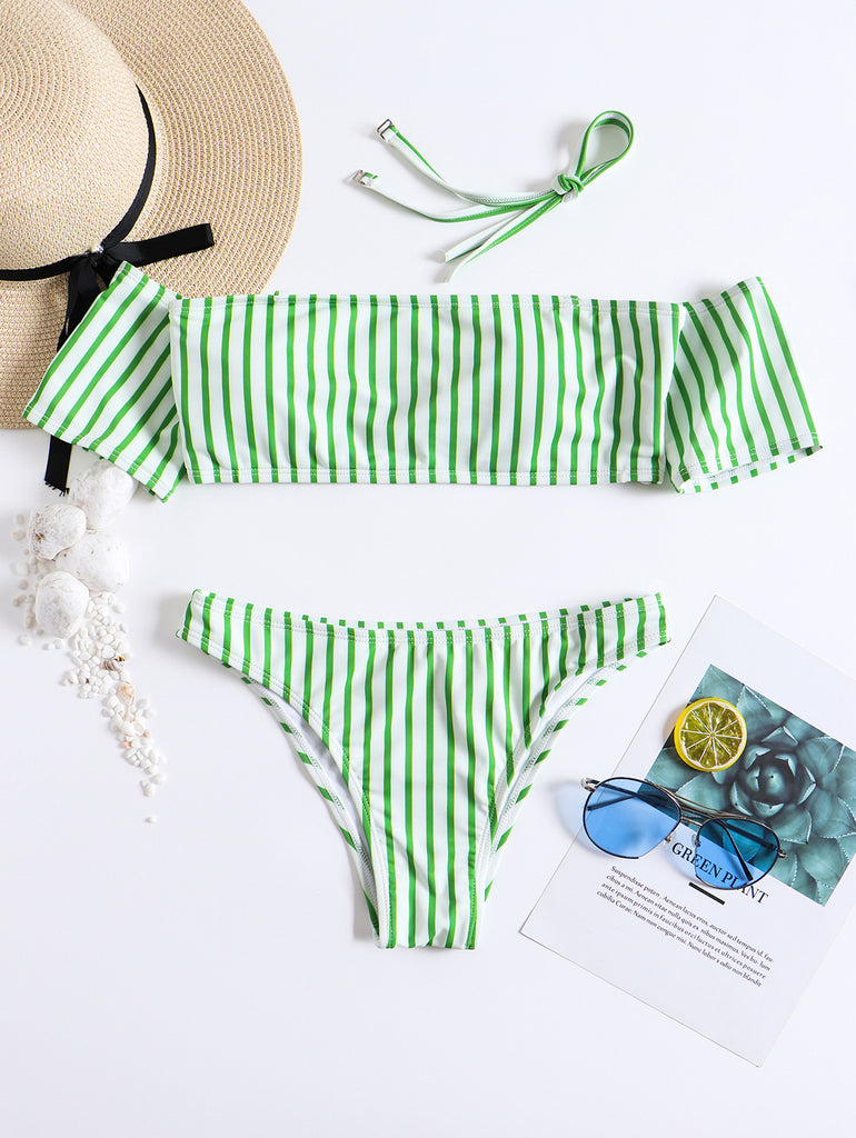 Off Shoulder Striped Short Sleeve Bikini Set – Ncocon