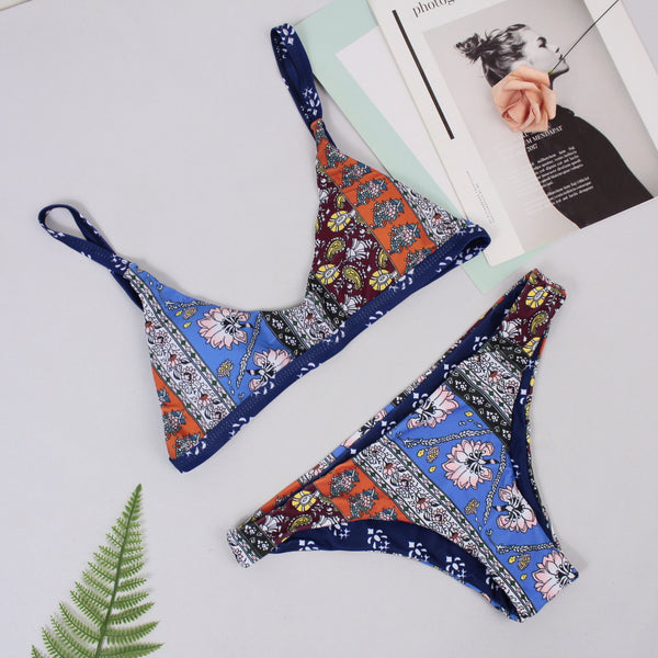 Trendy Patchwork Print Bralette Scoop Bikini Set Ncocon