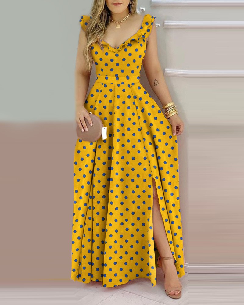 2021 Yellow Polka Dot Print Ruffle Hem Open Back Slit Maxi Dress – Ncocon