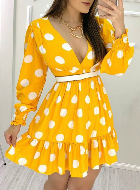 Yellow Plunge Polka Dots Shirring Design Ruched Ruffles Casual Dress ...