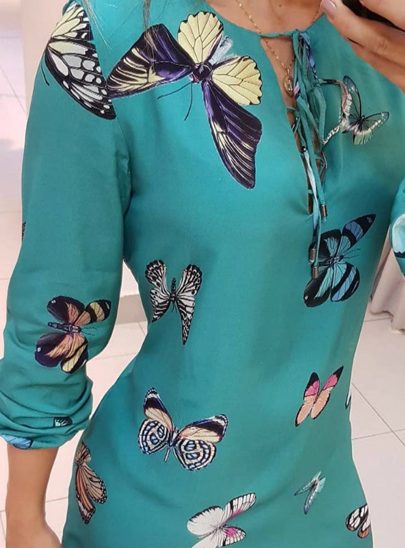 Casual Butterfly Print Tie Front Long Sleeve Dress – Ncocon