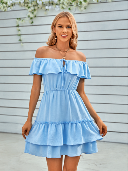 Casual off-the-shoulder ruffled solid color dress – Ncocon