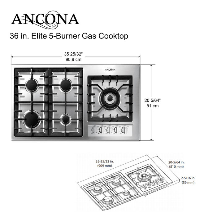 Elite 36 Inch 5 Burner Gas Cooktop With Wok Pan Support Ancona Home