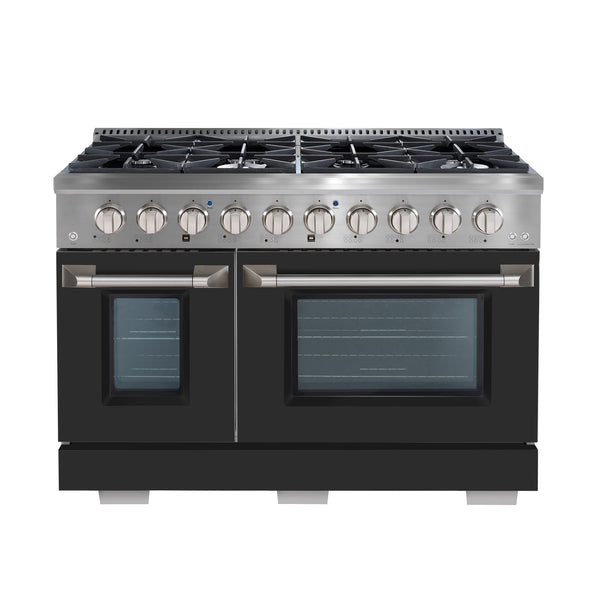 Ancona 48” Gas Range with 8 Burners including Griddle and Double Convection Oven in Stainless Steel with Black Doors