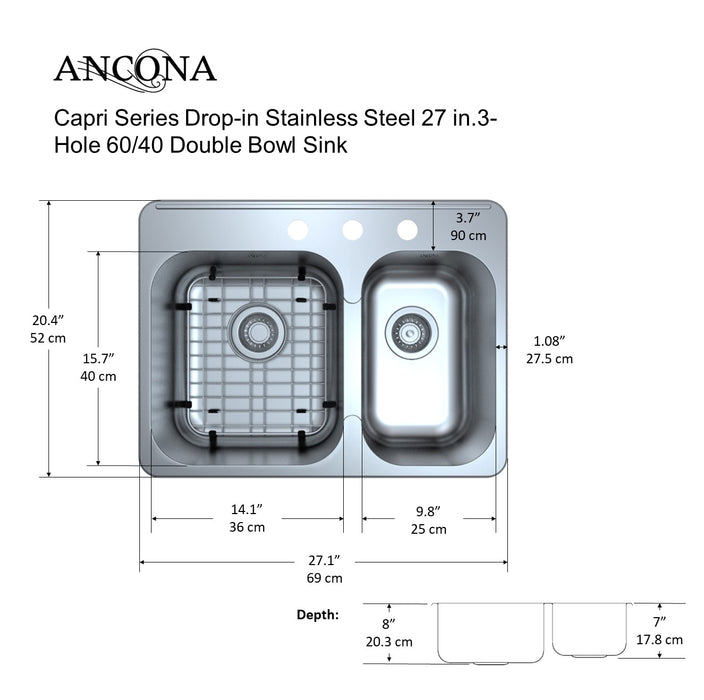 Capri Drop In 27 In 3 Hole Double Kitchen Sink With Grid Strainers Ancona Home