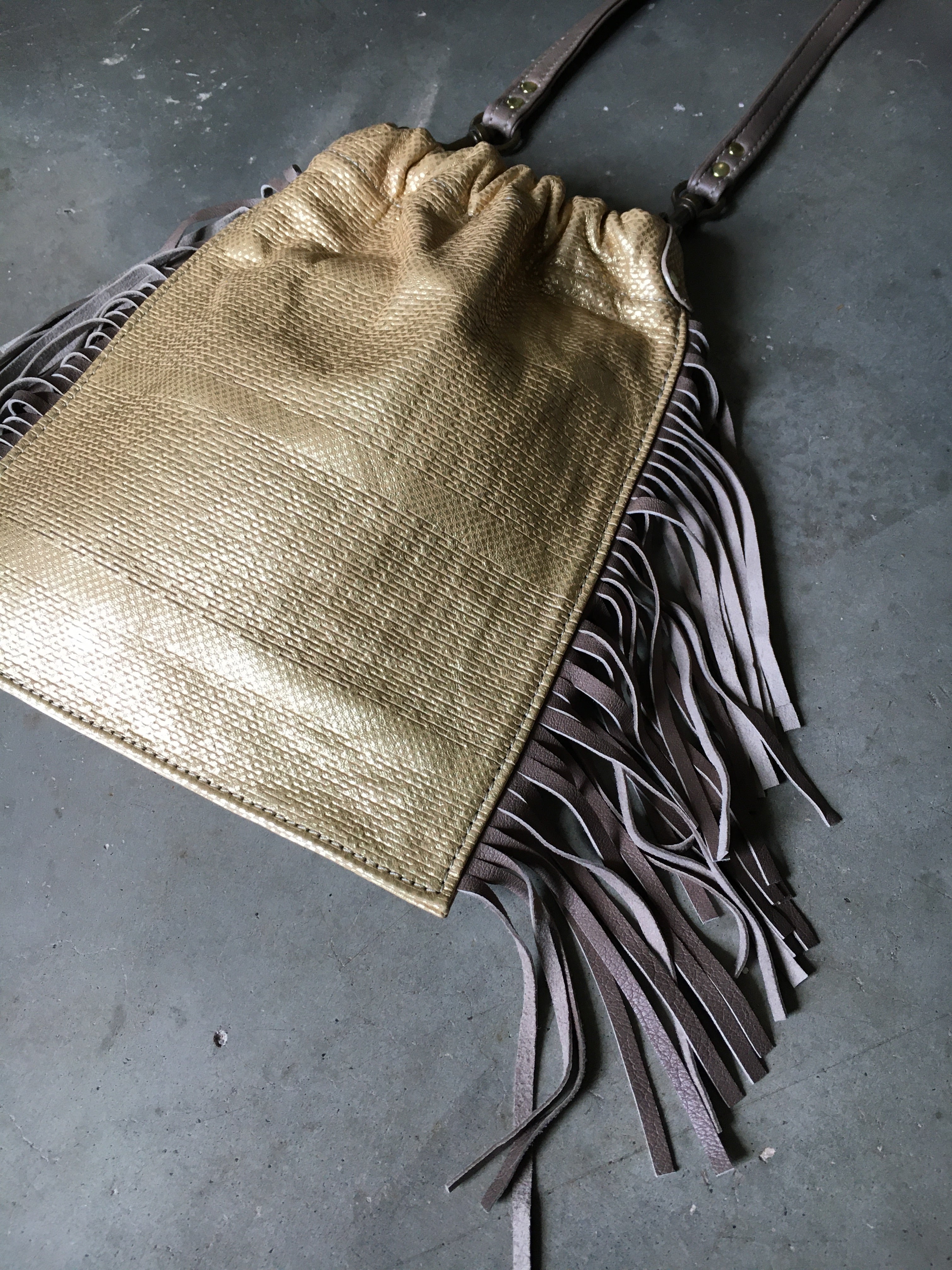 Dandi in Gold Foil with Taupe Fringe