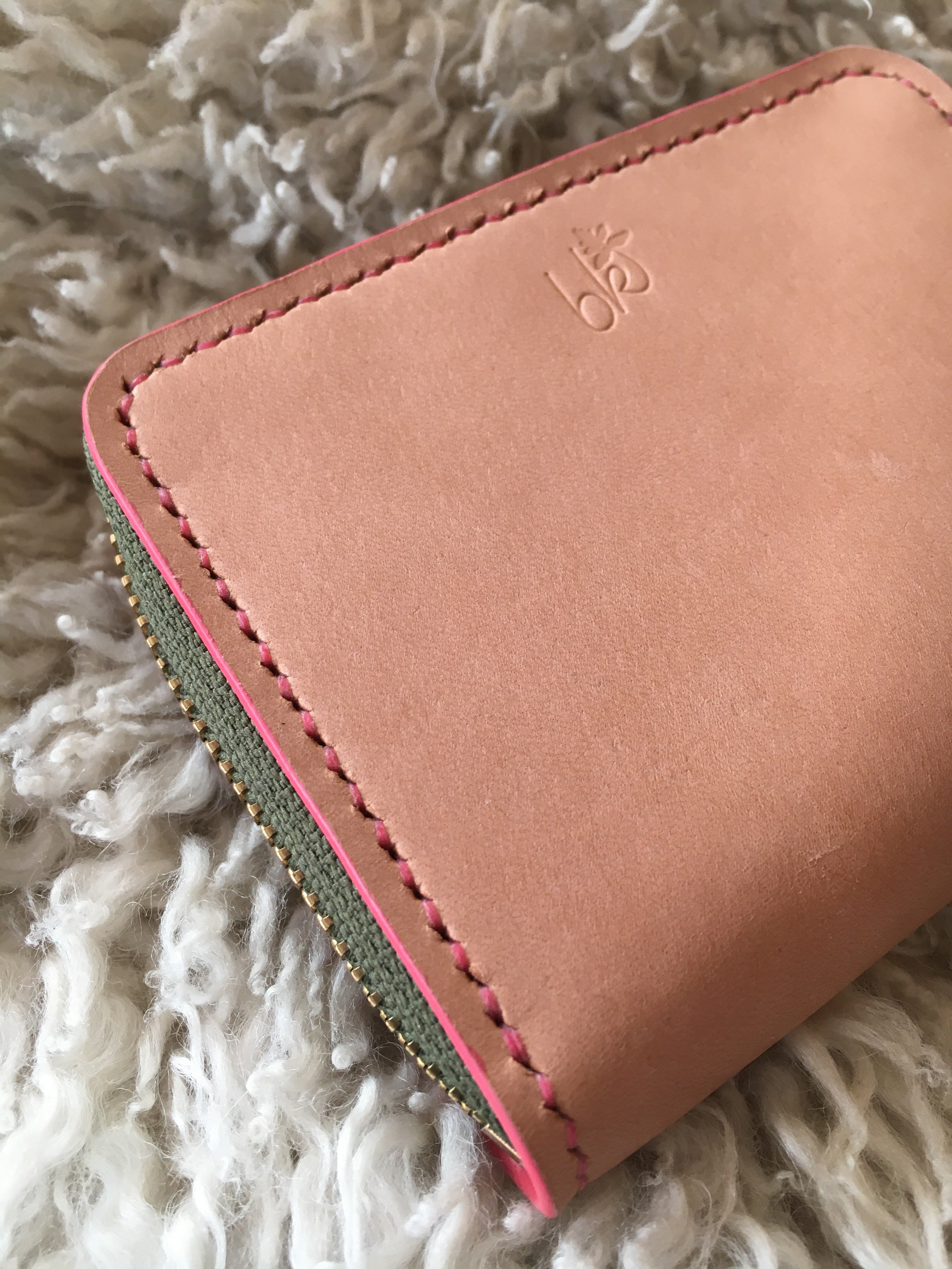 Natural Leather Zip Wallet with Pink and Green